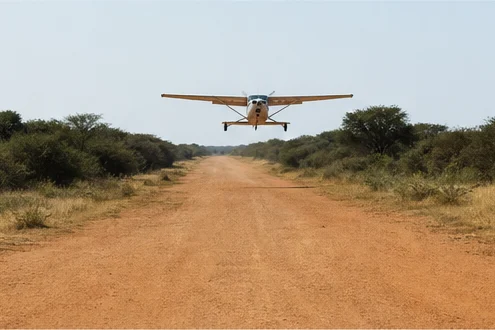Light aircraft flying above East African savannah