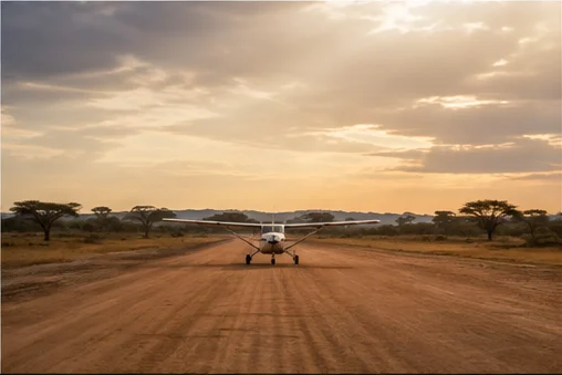 Light aircraft at a remote East African safari airstrip