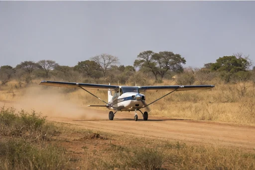 Light aircraft at a remote East African safari airstrip