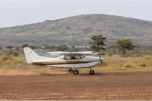 Light aircraft at a remote East African safari airstrip