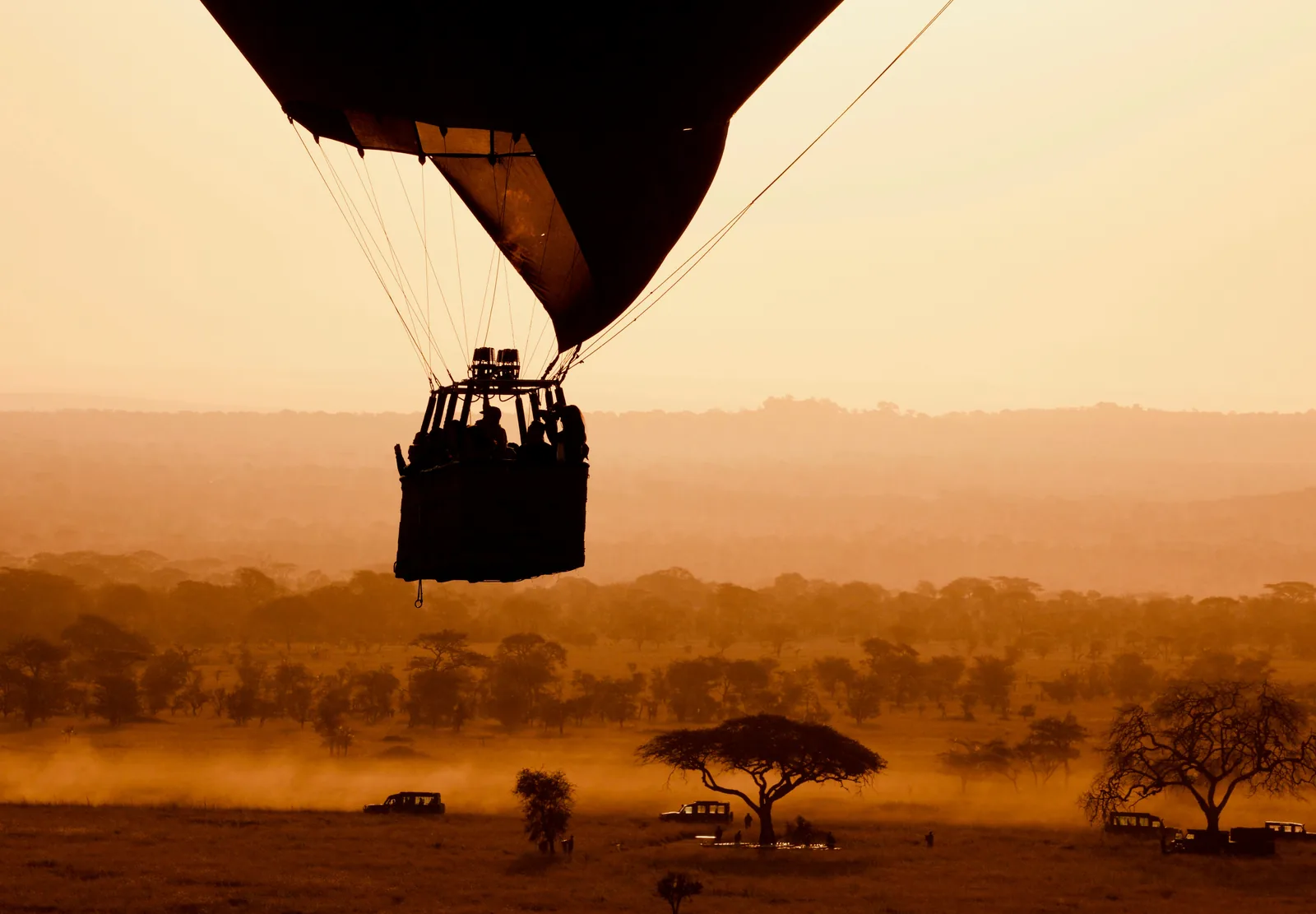 Hot air balloon flying over Serengeti at sunrise